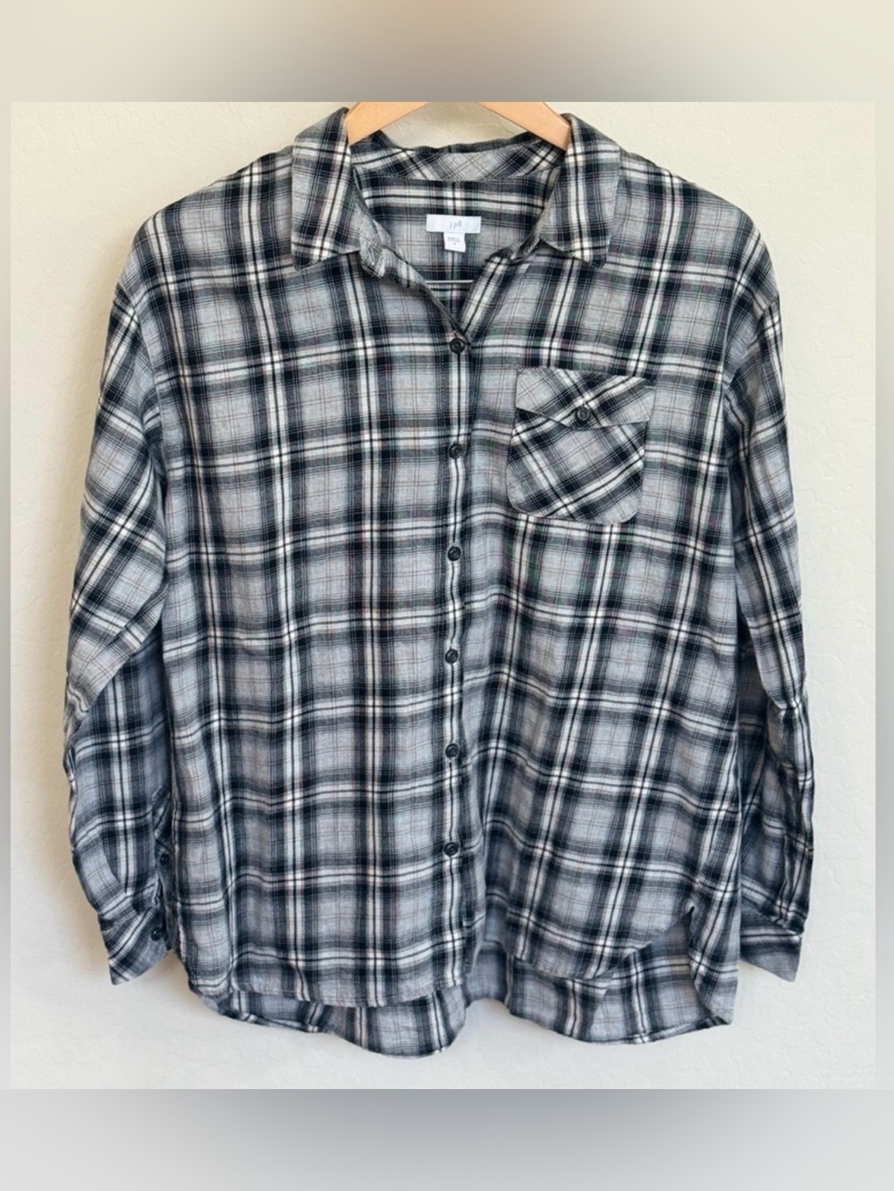 J. Jill Gray Black Cozy Plaid Flannel Button Down Shirt Size Medium